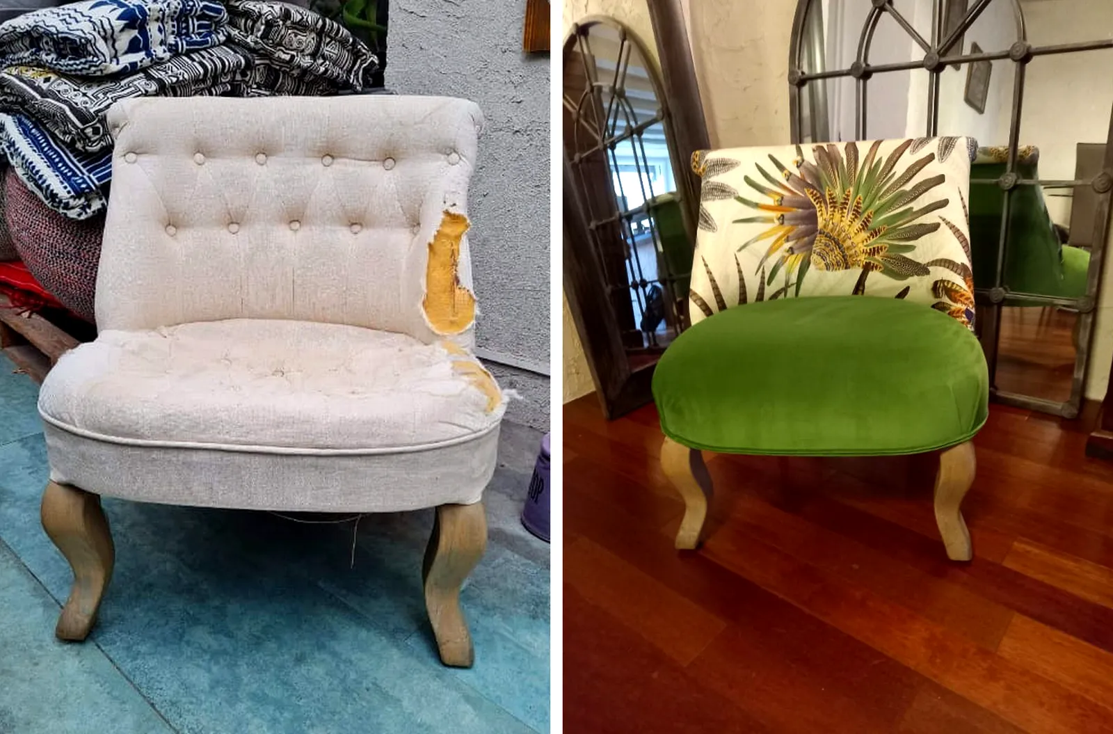 Comparaison avant / après d'un fauteuil : à gauche le siège usé, à droite le même fauteuil restauré