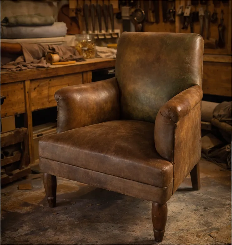 Fauteuil en cours de garnissage dans l'atelier de tapisserie d'ameublement